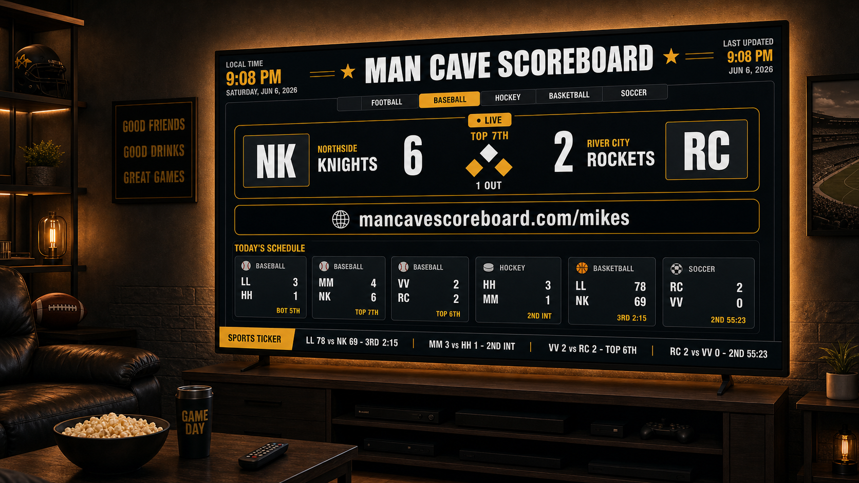 A Man Cave Scoreboard display running full-screen on a TV in a sports room